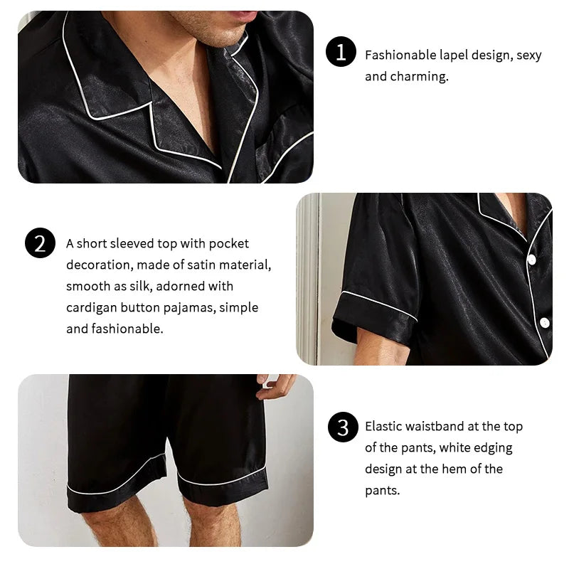 Men’s Satin Pajama Set – Short Sleeve Summer Sleepwear 2-Piece
