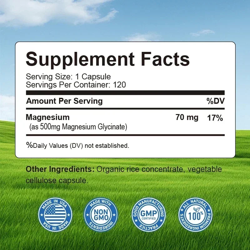 Magnesium Glycinate - Supports Nerve, Muscle, Bone and Heart Health, Helps with Stress, Sleep Quality Support, Muscles Recovery