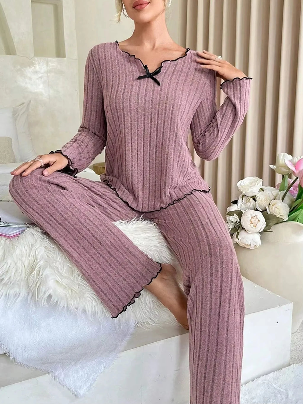 Women’s Autumn Winter Ribbed Pajamas Set – Cozy 2-Piece Loungewear