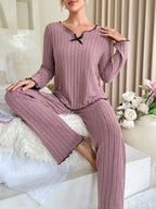 Women’s Autumn Winter Ribbed Pajamas Set – Cozy 2-Piece Loungewear