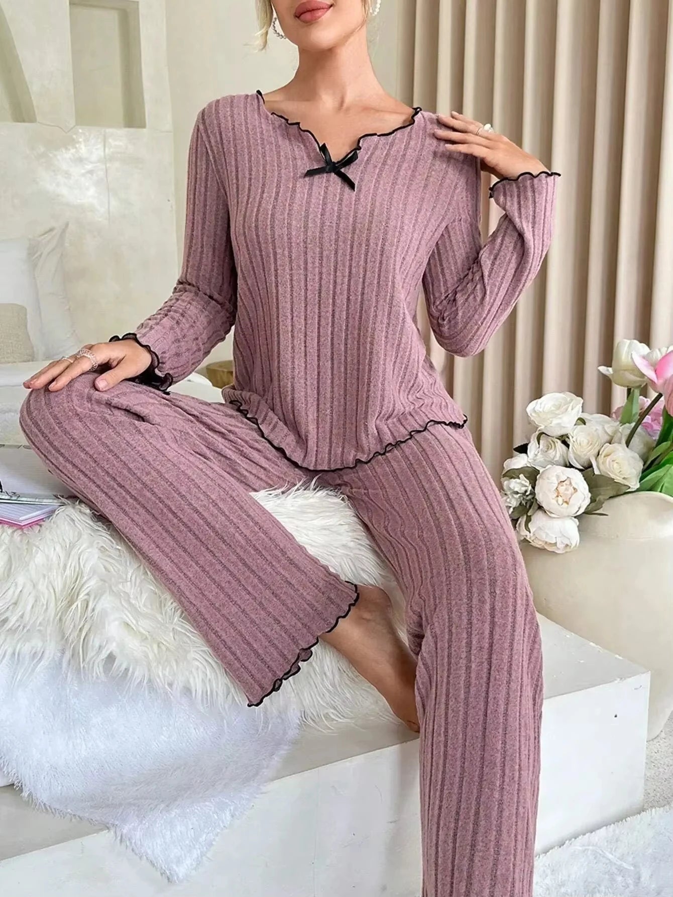 Women’s Autumn Winter Ribbed Pajamas Set – Cozy 2-Piece Loungewear