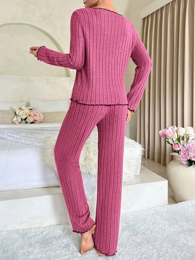 Women’s Autumn Winter Ribbed Pajamas Set – Cozy 2-Piece Loungewear