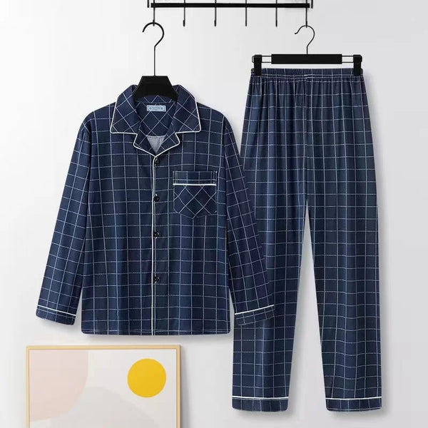 Men’s Cotton Sleepwear Set – Comfortable Two-Piece Plaid Lounge & Pajama Suit