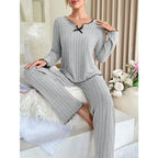 Women’s Autumn Winter Ribbed Pajamas Set – Cozy 2-Piece Loungewear