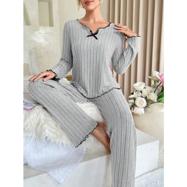 Women’s Autumn Winter Ribbed Pajamas Set – Cozy 2-Piece Loungewear