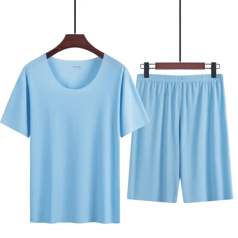 Men’s Ice Silk Pajama Set – Short Sleeve Summer Homewear