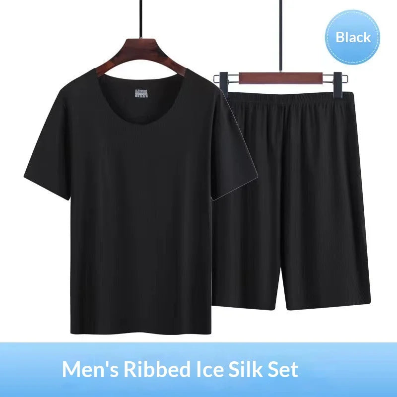 Men’s Ice Silk Pajama Set – Short Sleeve Summer Homewear