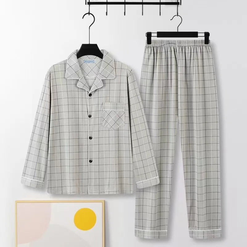 Men’s Cotton Sleepwear Set – Comfortable Two-Piece Plaid Lounge & Pajama Suit