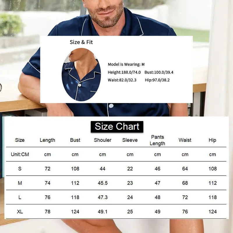 Men’s Satin Pajama Set – Short Sleeve Summer Sleepwear 2-Piece