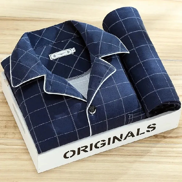 Men’s Cotton Sleepwear Set – Comfortable Two-Piece Plaid Lounge & Pajama Suit