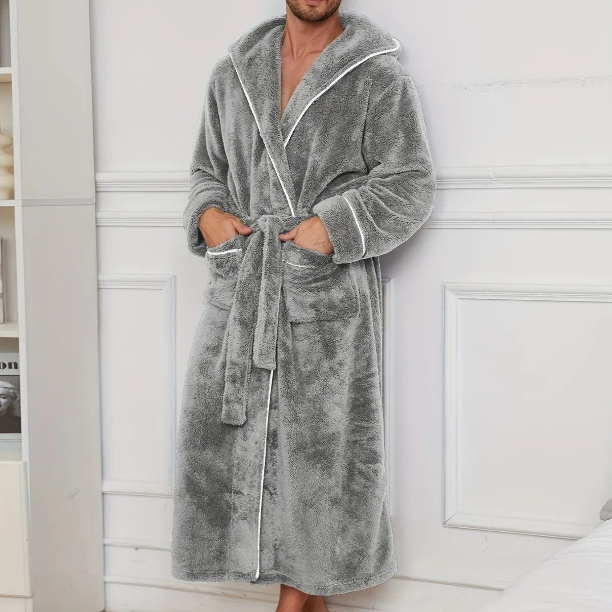 EloraSleep™ Stone Plush Robe – Hotel-Soft Flannel Bathrobe for Men