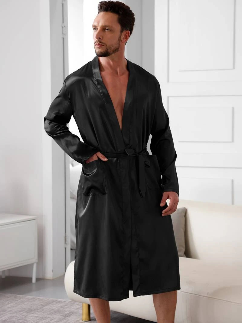 EloraSleep™ Black Satin Sleepwear Set – Luxury Robe & Shorts Loungewear