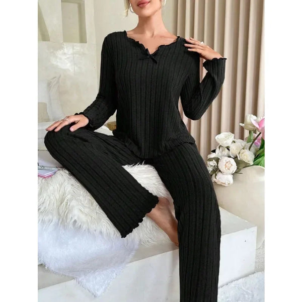 Women’s Autumn Winter Ribbed Pajamas Set – Cozy 2-Piece Loungewear