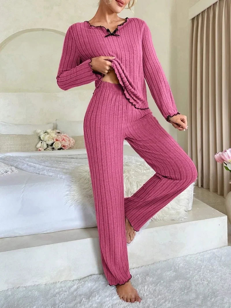 Women’s Autumn Winter Ribbed Pajamas Set – Cozy 2-Piece Loungewear