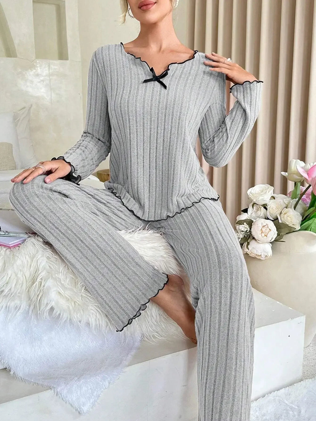 Women’s Autumn Winter Ribbed Pajamas Set – Cozy 2-Piece Loungewear