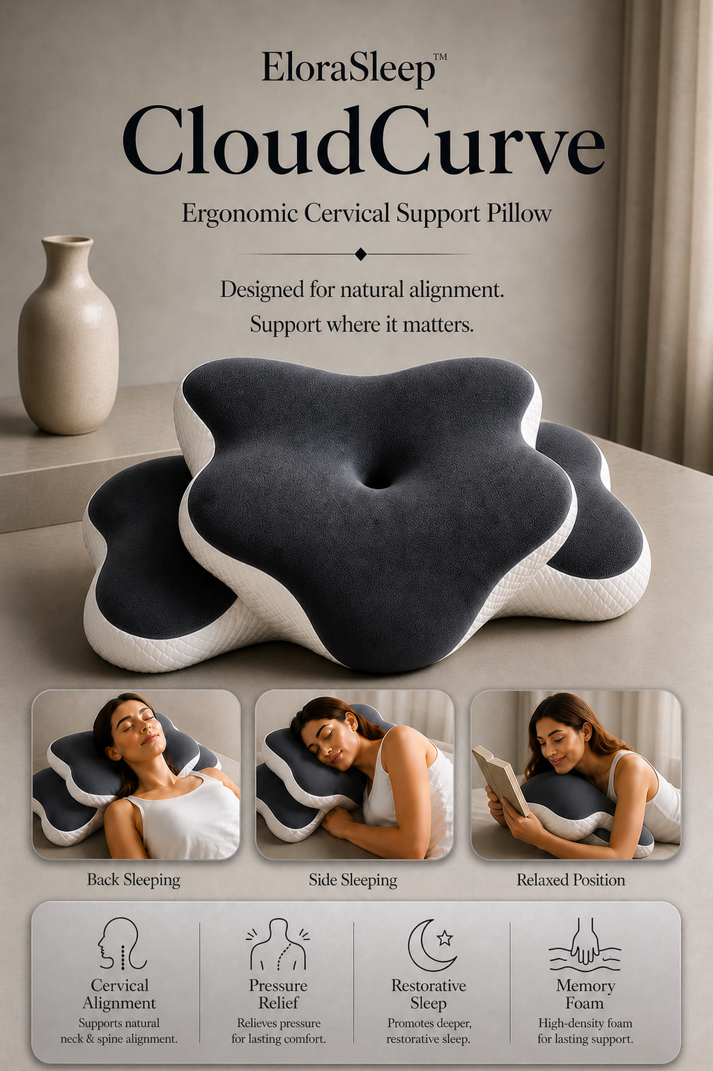 EloraSleep™ CloudCurve Memory Foam Pillow